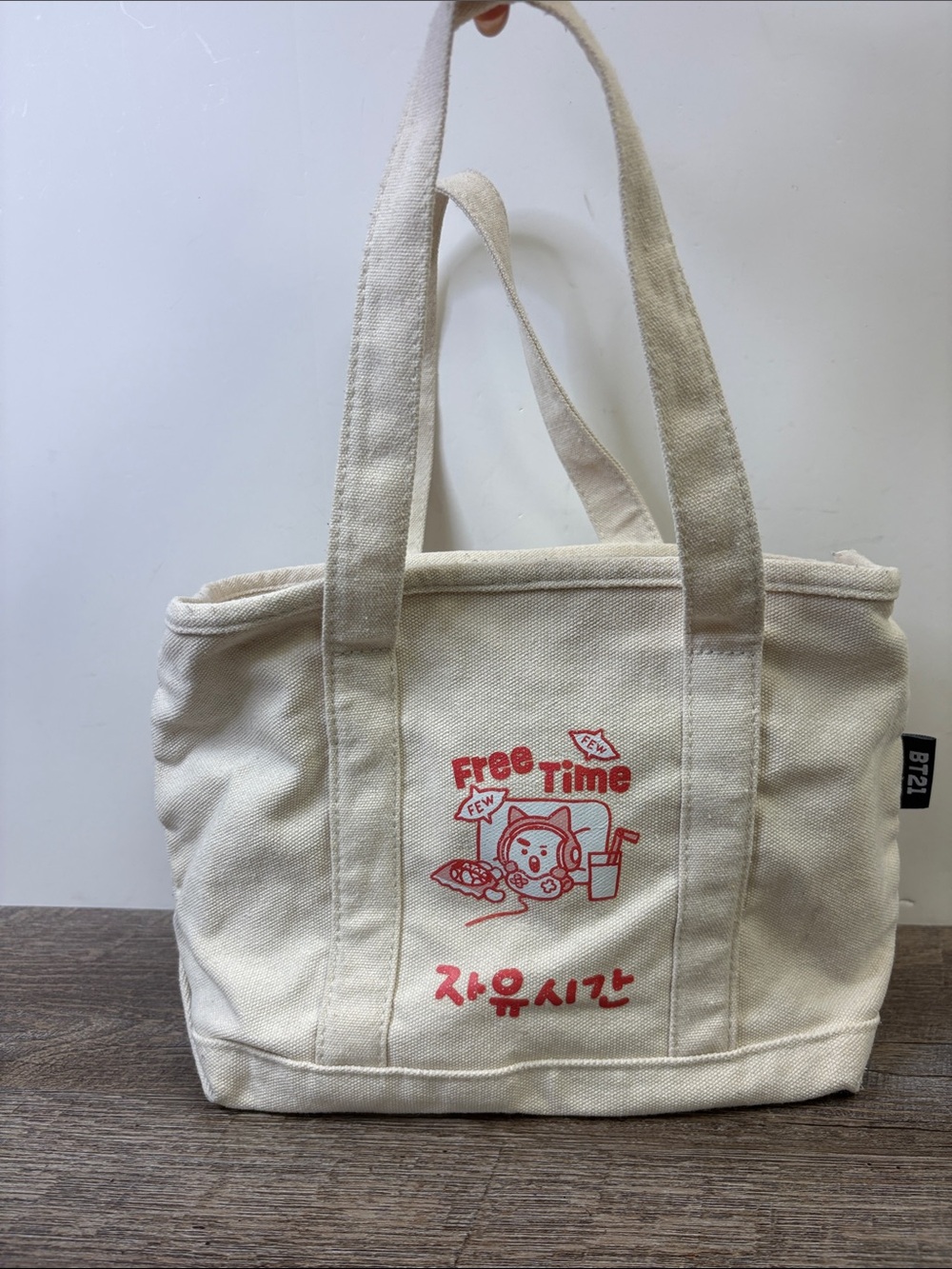 BT21 Free Time Korean Graphic Canvas Zip Tote Bag Cream Red Kawaii